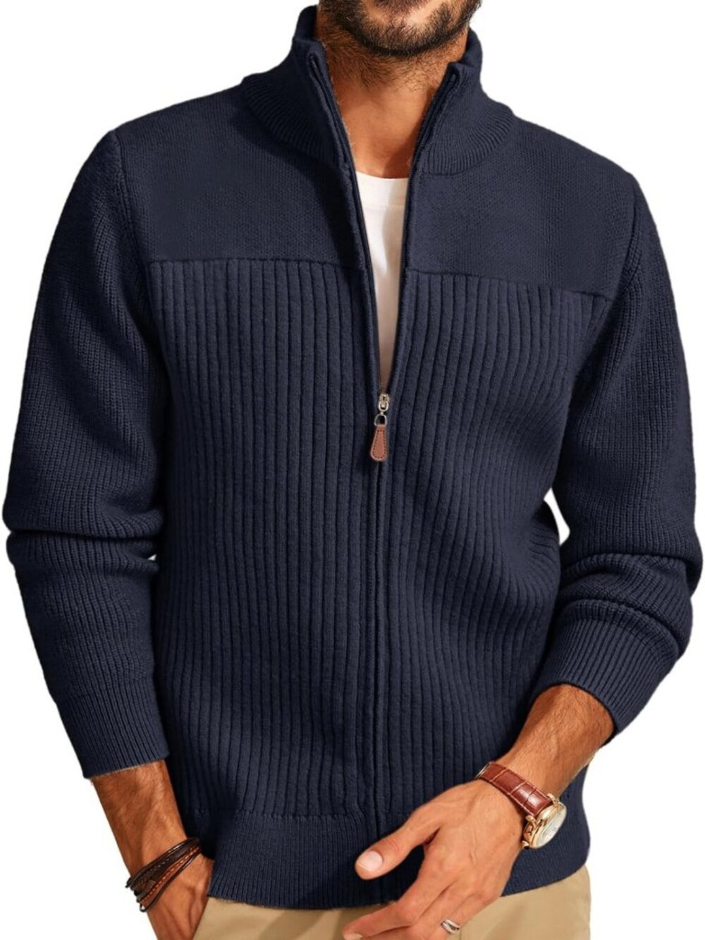 Men's Ribbed Knit Full Zip Cardigan Sweater - Stylish & Cozy Layering Piece